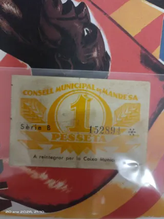 Billete 1 Peseta Consell Municipal Manresa
