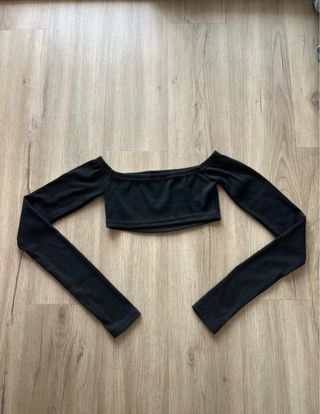 Top Shein negro manga larga off shoulder