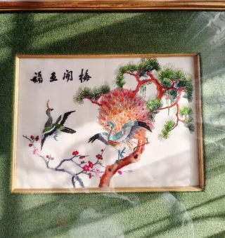 Quadro ricamo uccelli e fiori