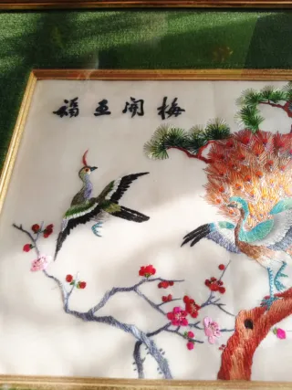 Quadro ricamo uccelli e fiori