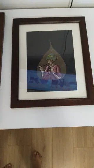 Dipinto su foglia indiana con cornice