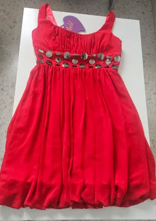 Vestido fiesta rojo adornos plateados 36 38 S M