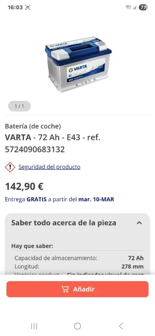 Batería Coche Varta E43 12V 72Ah 680A