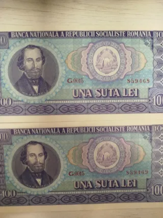 2 Banconote Romania 100 Lei 1966 Correlativa