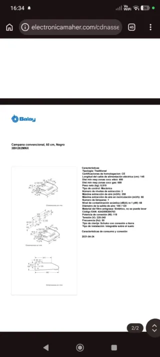 Campana extractora Balay 60cm Negra