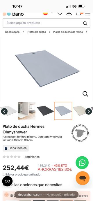 Plato de ducha resina gris 160x80cm