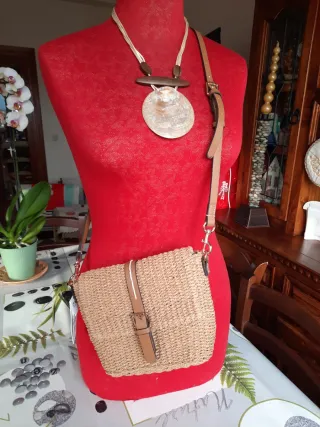 Borsetta paglia tracolla beige e marrone