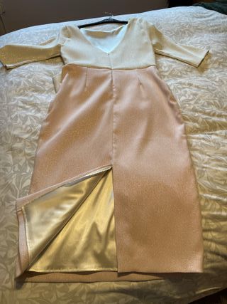 Vestido fiesta champagne y rosa todo brillante