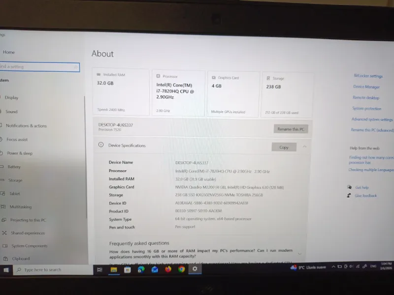 Dell Precision 7520 i7-7820HQ 32GB RAM 238GB SSD