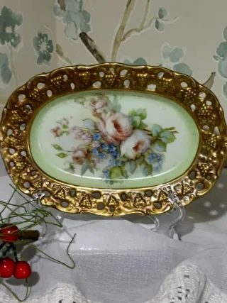 Bandeja Limoges porcelana floral dorada
