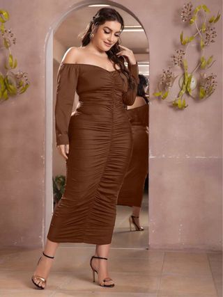 Vestido Shein Midi Fruncido Marrón