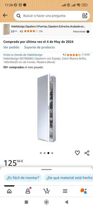 Zapatero con espejo Blanco 180x50x20cm