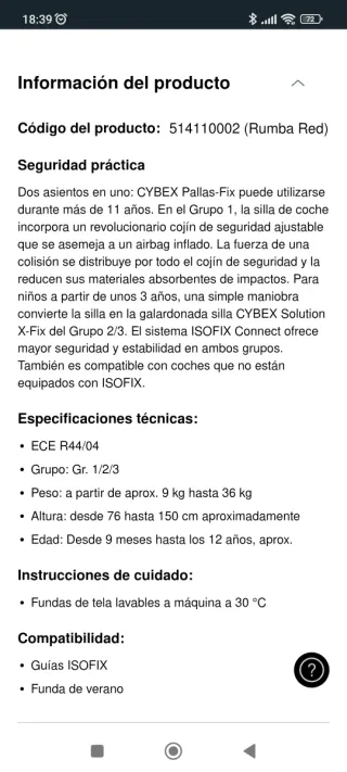 Silla Coche Cybex Pallas Fix Roja