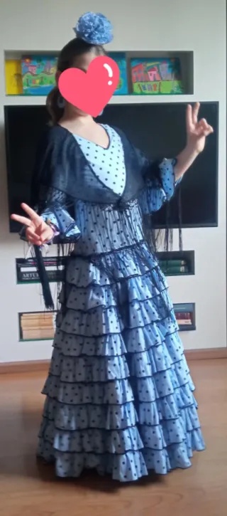 Traje Flamenca Niña Azul y Negro Talla 10