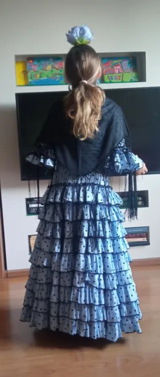 Traje Flamenca Niña Azul y Negro Talla 10