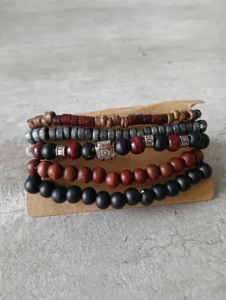 Set 5 Bracciali Perline Legno Uomo Donna