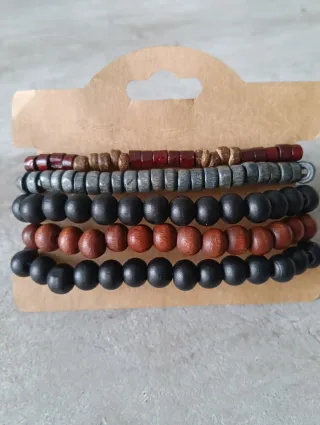 Set 5 Bracciali Perline Legno Uomo Donna