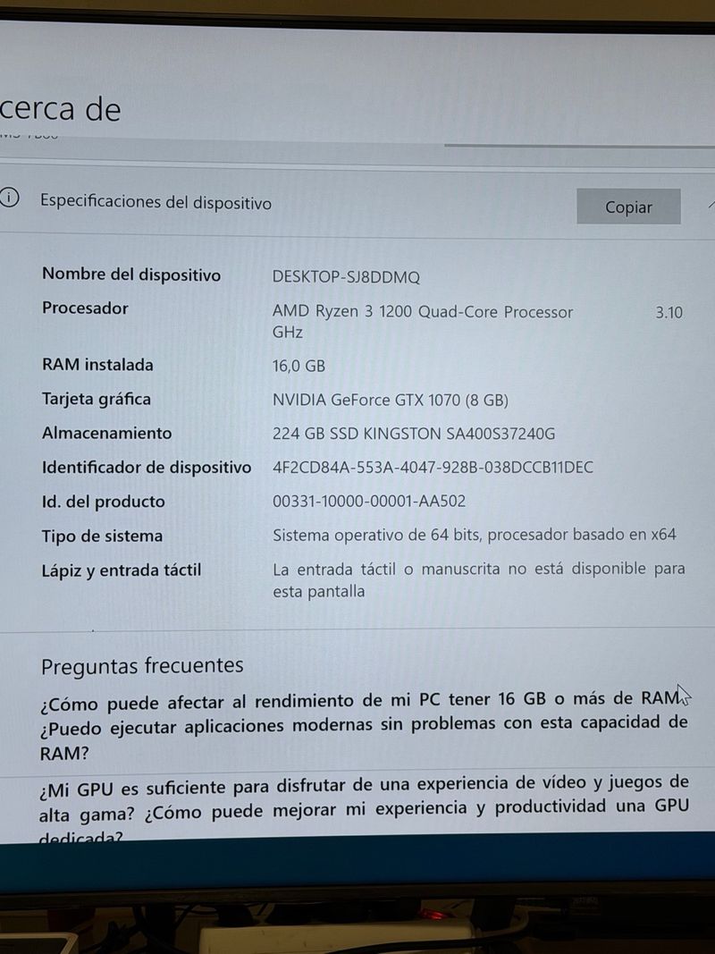 PC Escritorio NVIDIA GTX 1070 16GB RAM