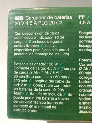 Cargador Parkside 20V Rápido de 4,5A