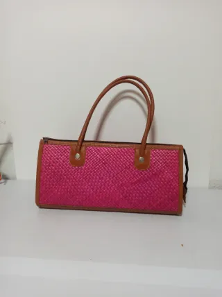 Bolso rafia hombro marrón y rosa