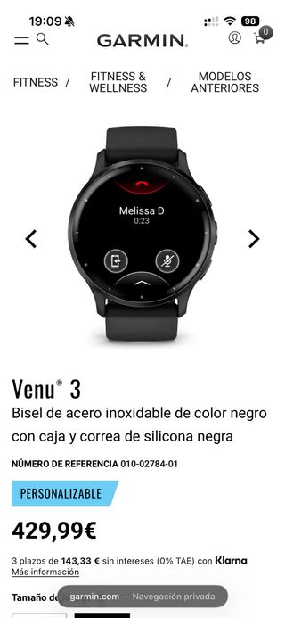 Reloj Garmin Venu 3 negro con bisel de acero
