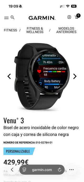 Reloj Garmin Venu 3 negro con bisel de acero