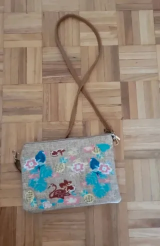 Bolso rafia beige bordado flores y flamenco