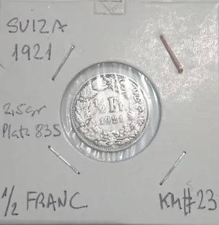 Moneda 1/2 Franco Suiza 1921 Plata