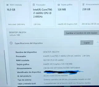 Dell Latitude 7480 i7-6600U 16GB RAM 238GB SSD