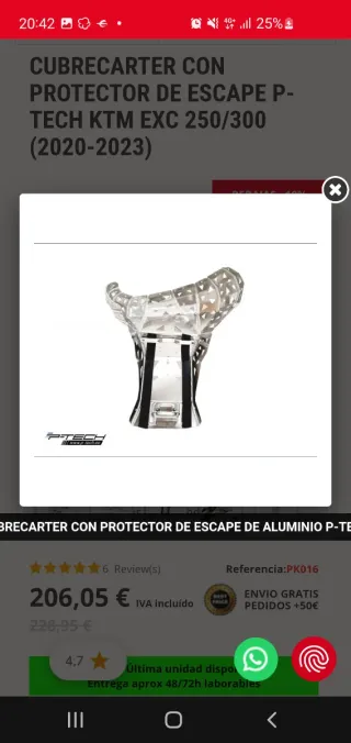 Protector Carter P-Tech KTM EXC 250/300 tpi,20/23