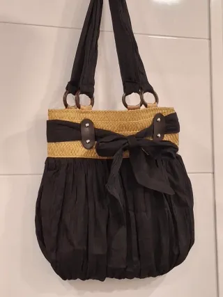 Bolso Rafia y Tela Negro Beige