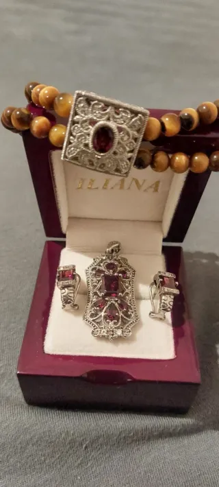 Conjunto Granate y Ojo de Tigre 925 Sterlingsilber