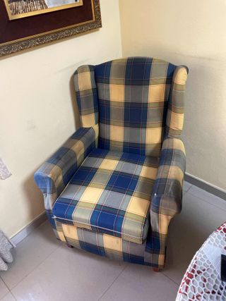 Sillón Relax Tela Cuadros Azul y Amarillo