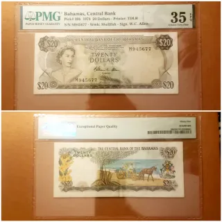 Billete 20 Dólares Bahamas 1974 PMG 35