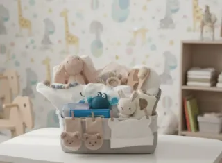 Cesta de bebé con peluches y accesorios