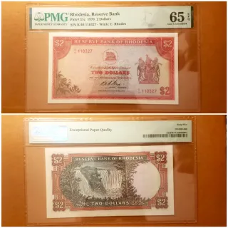 Billete Rodesia 2 Dólares 1970 PMG 65 EPQ