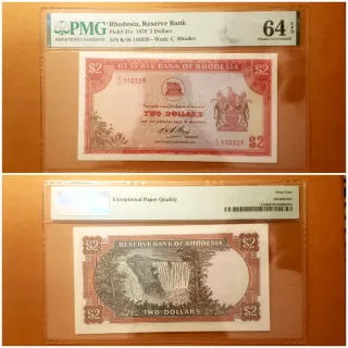Billete 2 Dólares Rhodesia 1970 PMG 64 EPQ