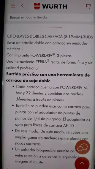 Juego llaves carraca doble Wurth Zebra 8-19mm