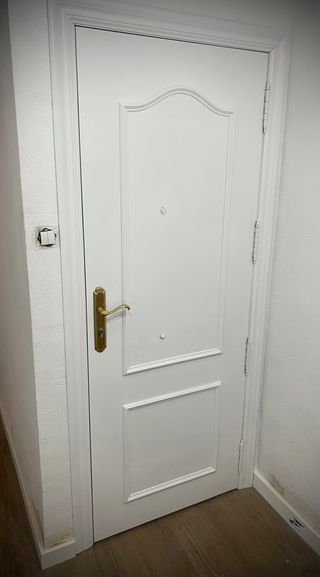 Puerta de madera oscura con manilla dorada