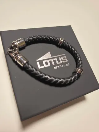 Pulsera Lotus Hombre Cuero Negro y Plata