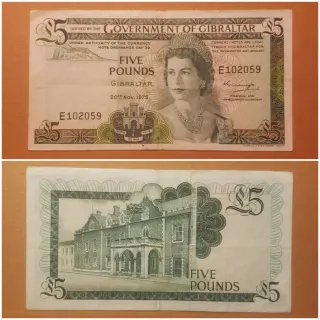 🇬🇮Billete 5 Libras Gibraltar 1975 Reina Isabel I