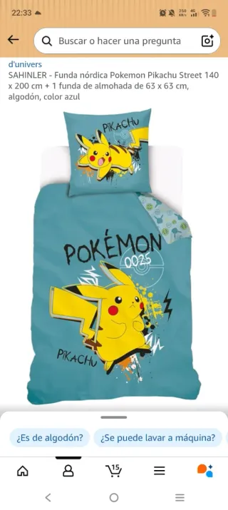 Funda Nórdica Pikachu Cama 90 (140x200cm) algodón