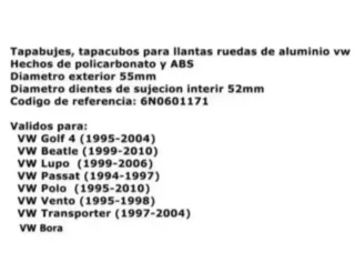 Vw Golf Mk4 Tapabujes 55mm Centro de Llantas Rueda