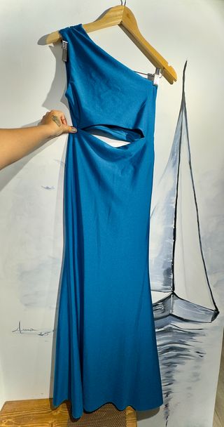 Vestido largo azul petróleo elegante con abertura