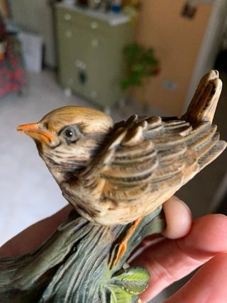 Statuine vintage uccellini su tronco e base legno