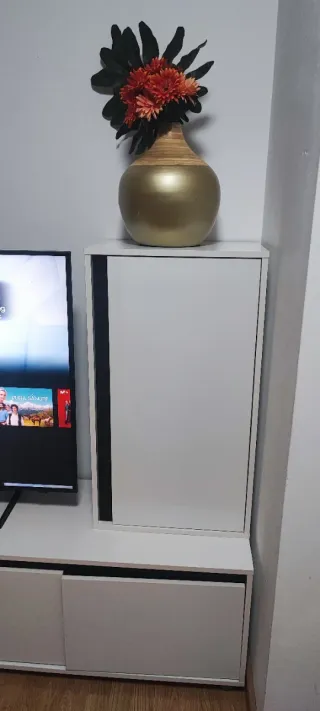 Mueble de salón blanco y madera