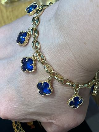 Collar y pulsera trébol azul laminado 14K