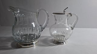 2 JARRAS ANTIGUAS AÑOS 50 CRISTAL TALLADO Y PLATA
