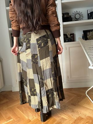 Falda larga patchwork beige, verde oliva,gris