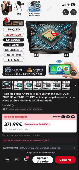 Pantalla 9” Android SsangYong Tivoli 2015-2022